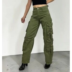 Zara Buckle Strap High Rise Cargo Pants Womens 10 Olive Green Utility Streetwear